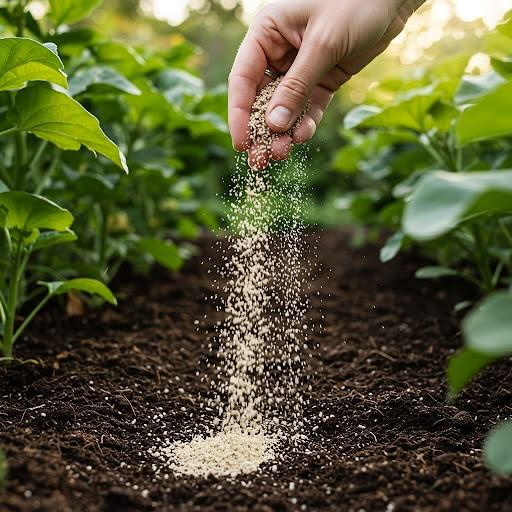 Granular crop-care product being applied around healthy plants