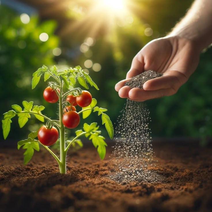 Granular crop-care product being applied beside a tomato plant